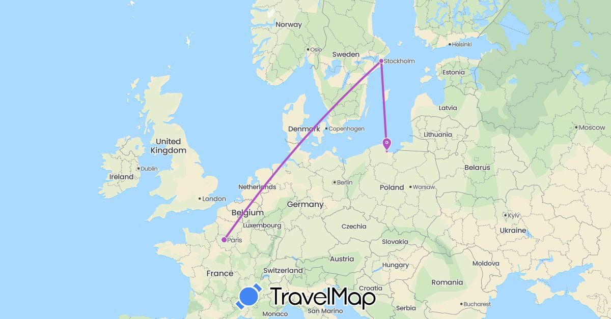 TravelMap itinerary: train in France, Poland, Sweden (Europe)